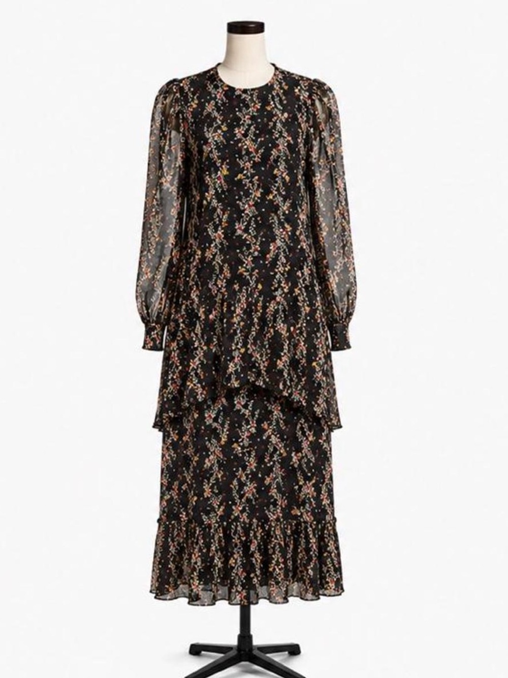 Zara Black Floral Sheer Long Sleeve Midi Dress Ruffle Hem Boho Size M